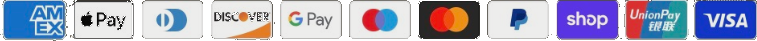 Amex, Apple Pay, Diners Club, Discover, Google Pay, Maestro, Mastercard, PayPal, Shop Pay, UnionPay and Visa accepted