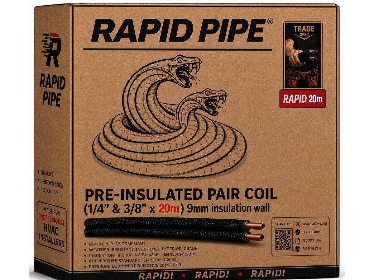 RAPID PIPE boxed pre-insulated pair coil, 1/4" and 3/8" by 20m, 9mm insulation wall